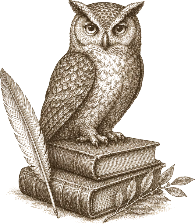 Сова Минервы на стопке книг — гравюра